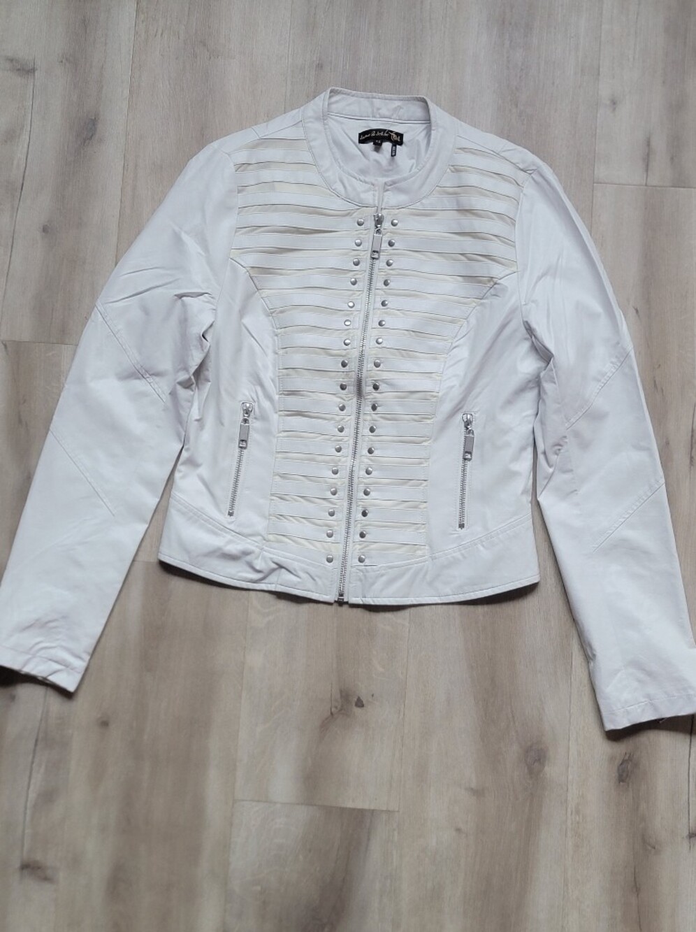 Jane & John Cream White Moto Jacket Ribbed Panel Accents And Silver Zips